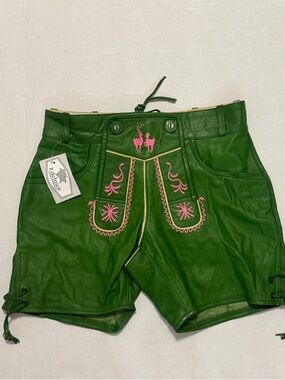 Edelnice trachtenmode Sz 34 Women's Green Embroidered Leather Shorts Breeches